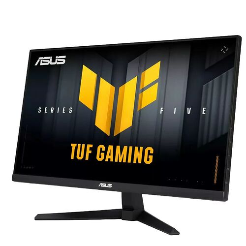 Écran de PC gamer ASUS de la gamme TUF Gaming, affichant un fond d'écran graphique noir et jaune.