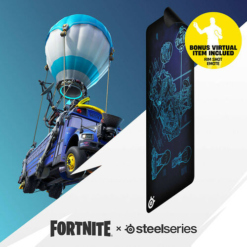 Image promotionnelle pour une collaboration entre Fortnite et SteelSeries, présentant un tapis de souris noir avec des motifs bleus et un bonus d'emote virtuelle inclus.