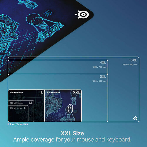 Infographie présentant les différentes tailles disponibles pour un tapis de souris, allant du format S au format 5XL, avec les dimensions correspondantes en millimètres.