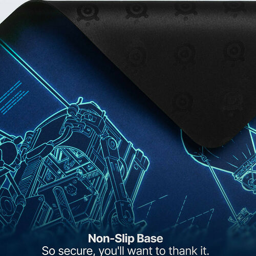 Tapis de souris bleu avec un motif de schéma technique bleu clair et une base antidérapante noire.
