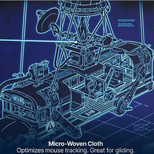 Illustration de style schéma technique bleu représentant un bus de combat (Battle Bus) avec des détails mécaniques complexes, accompagnée du texte "Micro-Woven Cloth" pour un tapis de souris.
