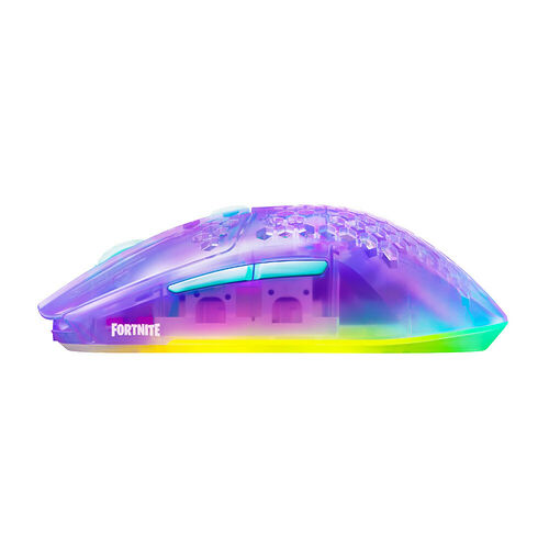 Souris gamer Fortnite avec un design translucide et des effets de lumière arc-en-ciel.
