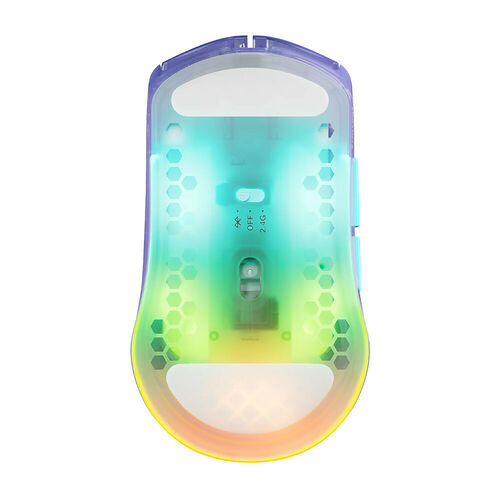 Souris gamer sans fil avec un design perforé et un éclairage multicolore. Elle dispose d'un commutateur situé en dessous pour choisir entre le mode OFF et le mode 2.4G.