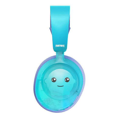 Casque audio Fortnite de couleur bleu et violet avec un motif de visage souriant sur l'écouteur.