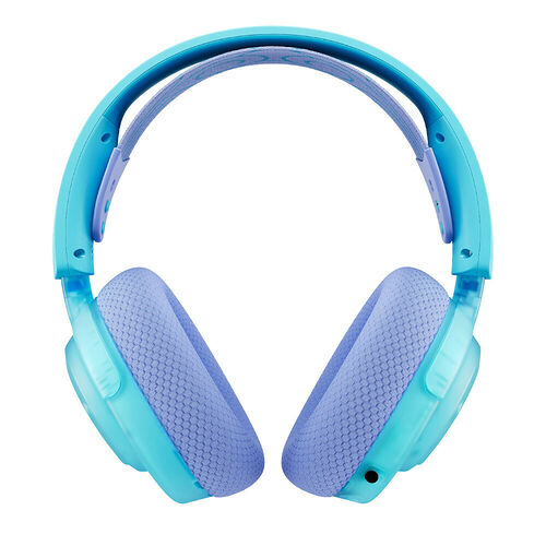 Casque audio bleu ciel et violet avec des coussinets texturés.