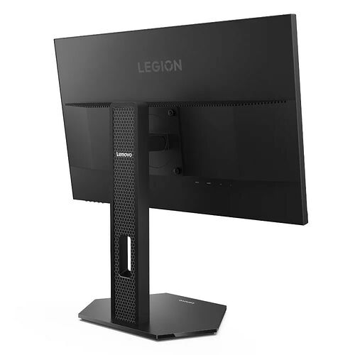 Écran de PC gamer Lenovo Legion de couleur noire, présenté de dos avec son pied de support.