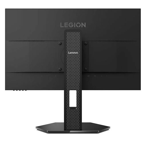 Écran de PC gamer Lenovo Legion de couleur noire, présenté de dos avec un pied central texturé.