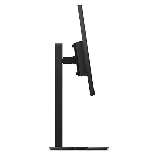 Écran d'ordinateur noir de profil, monté sur un pied réglable avec une base plate.