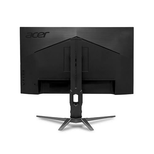 Écran Acer de couleur noire avec un pied en forme de Y. On aperçoit le logo Acer en haut à gauche et les boutons de réglage sur le côté gauche.