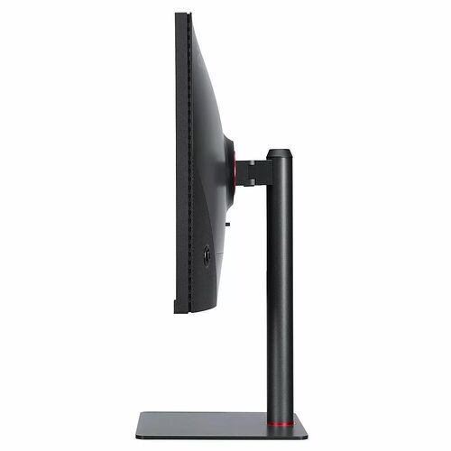 Écran de PC gamer noir avec un pied de support vertical fin et une base plate.