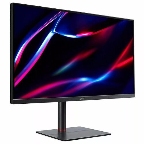 Écran de PC Acer avec un fond d'écran abstrait coloré, affichant des courbes lumineuses bleues et rouges sur un fond noir.