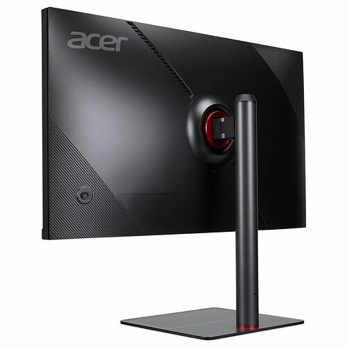 Écran de PC Acer de couleur noire avec un pied de support fin et une touche de rouge sur l'arrière.