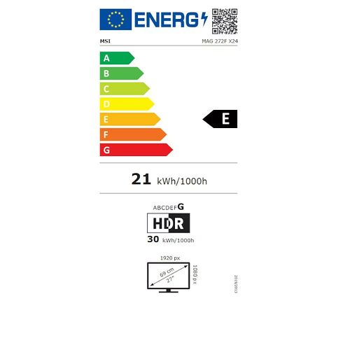 Étiquette d'efficacité énergétique pour un écran MSI, classé en catégorie E avec une consommation de 21 kWh/1000h. L'écran affiche une résolution de 1920 px et une taille de 27 pouces.