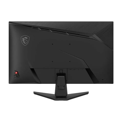 Écran MSI de couleur noire avec un pied en forme de V, présentant le logo de la marque sur le dos de l'appareil.