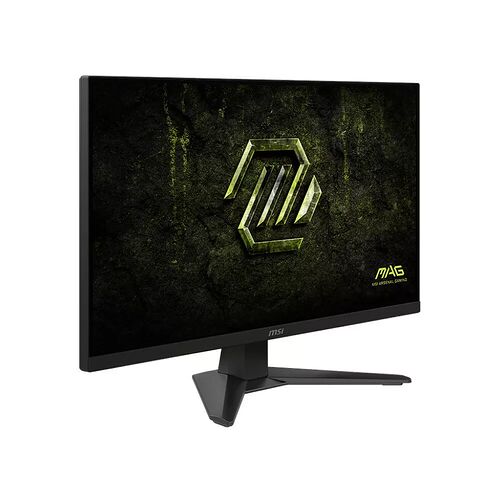 Écran de PC gamer MSI de la gamme MAG, avec un fond d'écran texturé vert et noir affichant le logo MSI.
