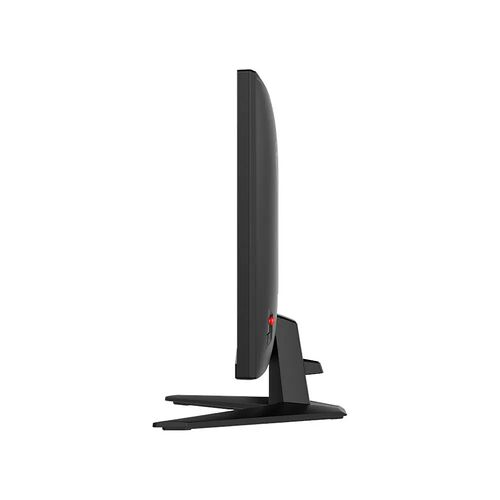 Écran d'ordinateur noir de profil, monté sur un pied de support noir.