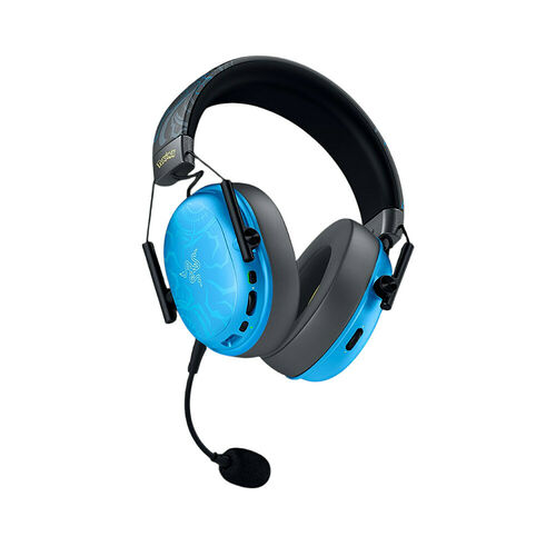 Casque Razer bleu et noir avec un micro déporté.