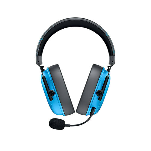 Casque gaming bleu et noir avec micro intégré.