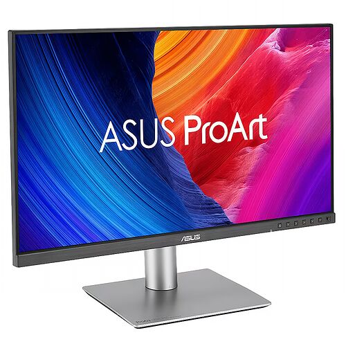 Écran ASUS ProArt avec un fond d'écran abstrait coloré en bleu et rose, monté sur un pied argenté.