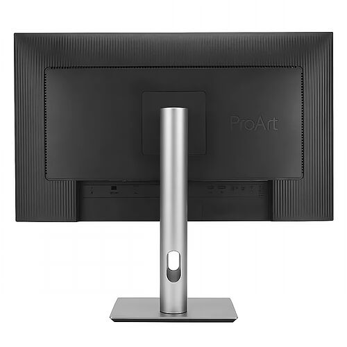 Écran de bureau ASUS ProArt avec un pied argenté réglable et un design noir texturé à l'arrière.