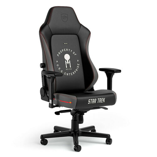 Chaise de bureau gaming Star Trek noire avec des détails rouges et le logo de l'U.S.S. Enterprise brodé sur le dossier.