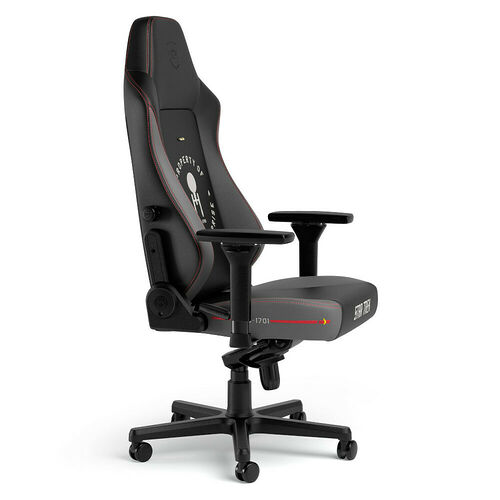Chaise de bureau gaming noire avec des détails rouges et le logo Star Trek, dotée d'accoudoirs et d'un pied à cinq roulettes.