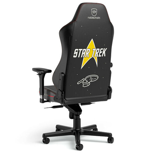 Chaise de bureau Noblechairs aux couleurs de Star Trek, avec un dossier noir arborant le logo de la série et un motif d'étoiles.