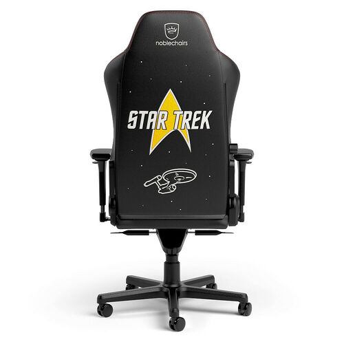 Chaise de bureau Noblechairs aux couleurs de Star Trek, avec le logo de la franchise et une illustration de vaisseau spatial sur le dossier noir.