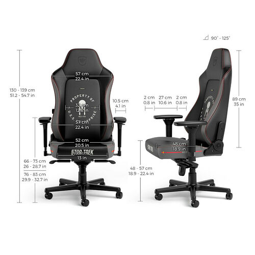 Schéma technique d'un siège de bureau ergonomique noir avec des détails de mesures pour la hauteur, la largeur et l'inclinaison du dossier.