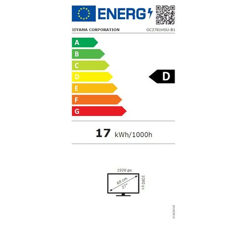 Étiquette d'efficacité énergétique pour un écran IIYAMA, classé en catégorie D avec une consommation de 17 kWh/1000h. L'écran possède une diagonale de 27 pouces et une résolution de 1920 px par 1080 px.