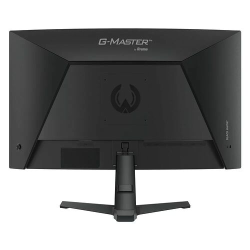 L'arrière d'un écran de jeu G-Master par Iiyama, de couleur noire, avec un pied réglable et le logo de la marque au centre.