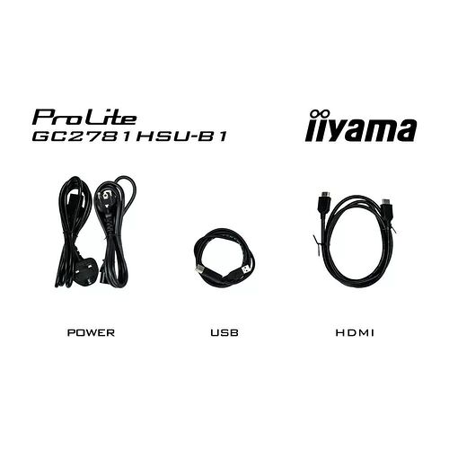 L'image présente les câbles inclus avec l'écran Iiyama ProLite : un câble d'alimentation, un câble USB et un câble HDMI.