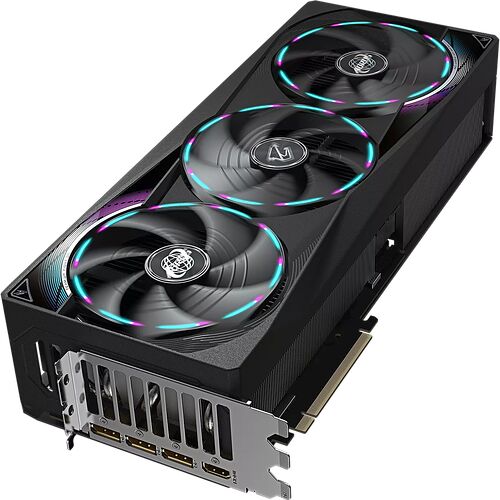 Carte graphique avec trois ventilateurs rétroéclairés en RGB, présentant un design noir et des connecteurs de sortie vidéo à l'arrière.