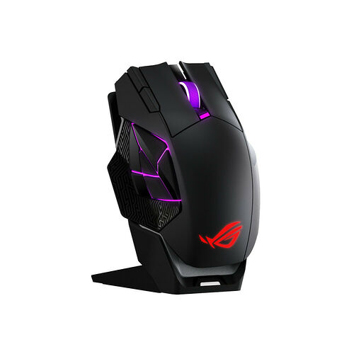 Souris gaming ASUS ROG avec un éclairage LED violet et un logo rouge sur le côté.