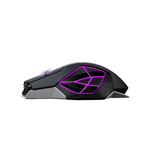Souris gaming noire avec des accents lumineux violets sur le dessus et une base grise.