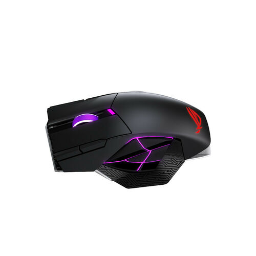 Souris gaming ASUS avec un éclairage RGB violet sur les côtés et à l'arrière.