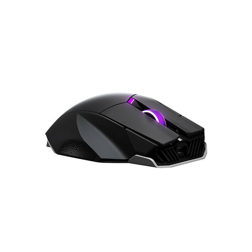 Souris gaming noire avec un éclairage LED violet sous la partie centrale.