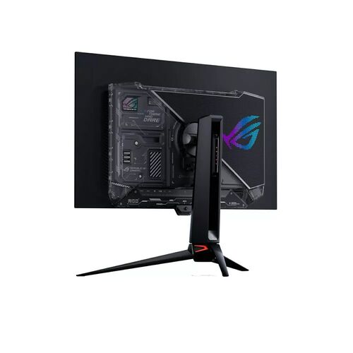 Écran PC gamer ASUS avec un design rétro inspiré des circuits imprimés et le logo ROG illuminé à l'arrière.