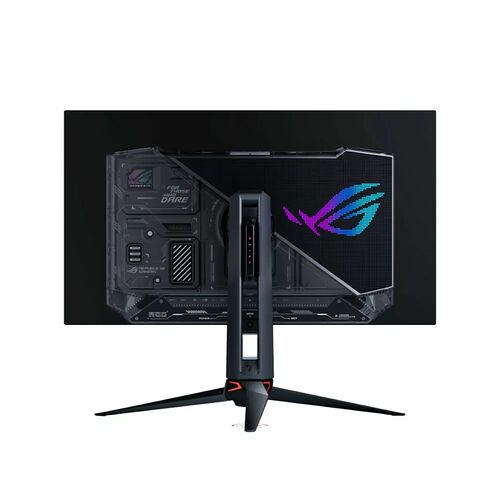 Écran de PC gamer ASUS ROG avec un design rétroéclairé et un pied en forme de trépied noir.