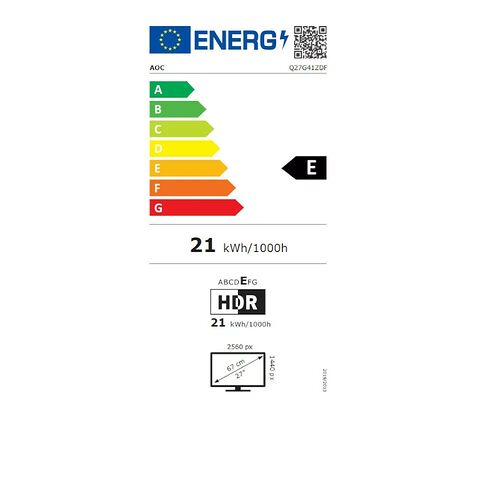 Étiquette d'efficacité énergétique pour un écran AOC, classé en catégorie E, avec une consommation de 21 kWh/1000h. L'écran affiche une résolution de 2560 px et une taille de 27 pouces.