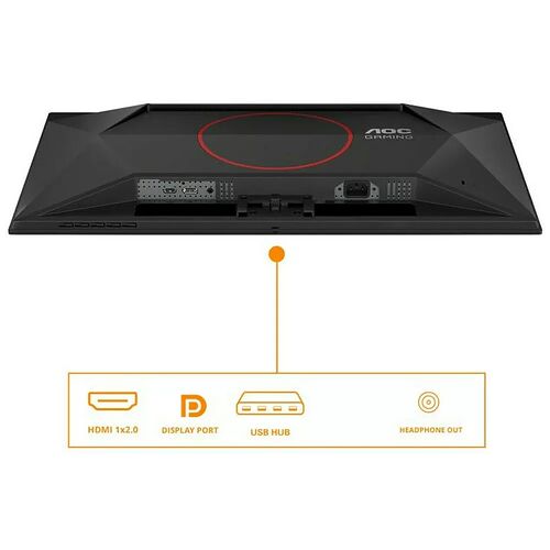Écran de gaming AOC montrant ses connectiques à l'arrière : un port HDMI 1x2.0, un DisplayPort, un hub USB et une sortie casque.