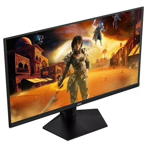Écran de PC gamer AOC avec un affichage panoramique montrant un personnage de jeu vidéo dans un décor désertique.