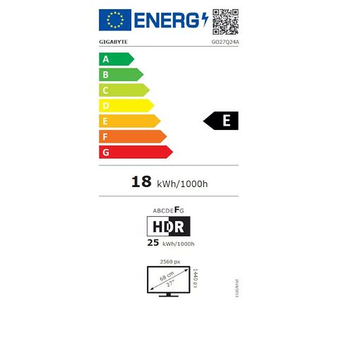Étiquette d'efficacité énergétique pour un écran Gigabyte, classé en catégorie E avec une consommation de 18 kWh/1000h. L'écran affiche une résolution de 2560 x 1440 px pour une diagonale de 27 pouces.