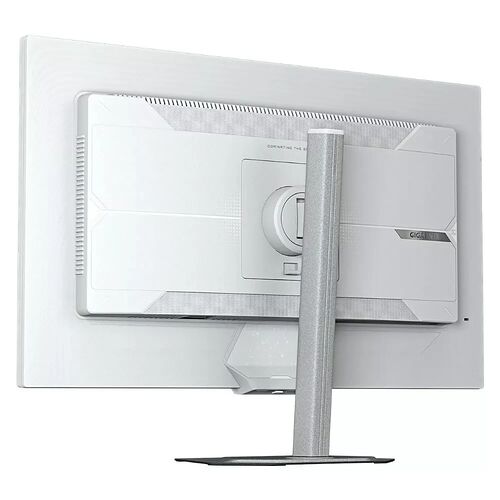 Écran de PC blanc de la marque Gigabyte, vu de l'arrière, montrant son pied de support et ses ports de connexion.