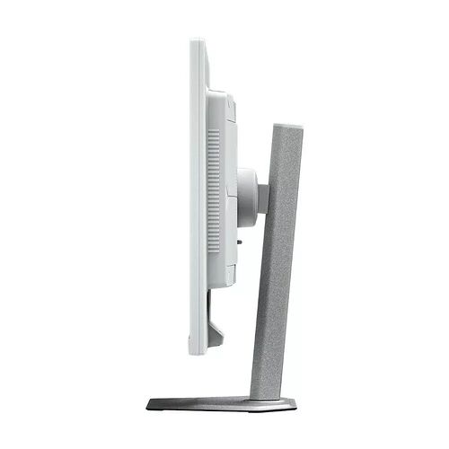 Écran d'ordinateur blanc avec un pied de support gris, présenté de profil sur un fond blanc.