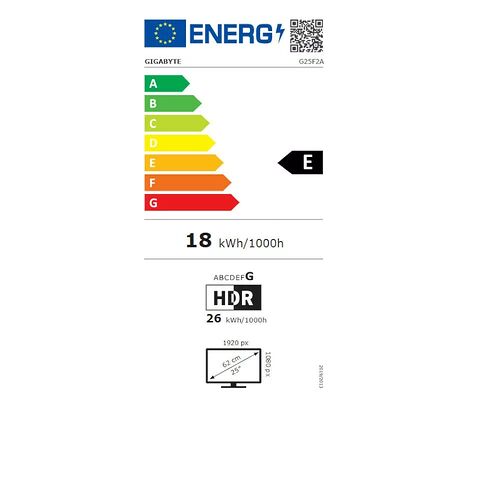 Étiquette d'efficacité énergétique pour un écran Gigabyte, classé en catégorie E avec une consommation de 18 kWh/1000h. L'écran affiche une résolution de 1920 px et une taille de 25 pouces.