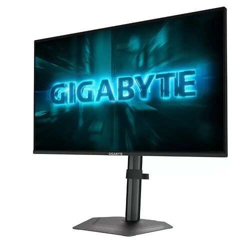 Écran de PC Gigabyte avec un fond d'écran bleu affichant le logo de la marque. L'écran est monté sur un pied noir réglable.