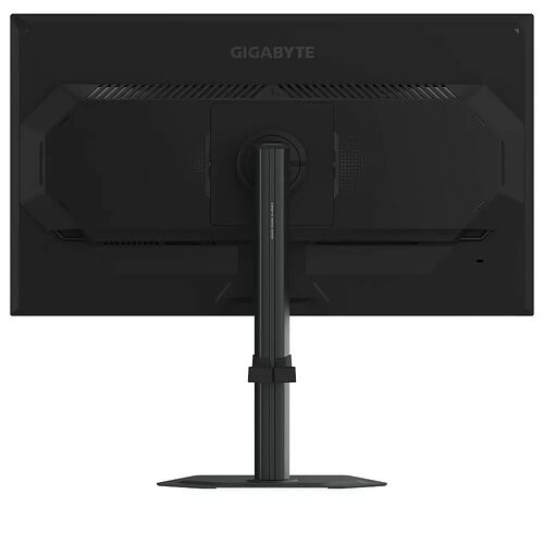 L'arrière d'un écran Gigabyte noir avec un pied réglable et des grilles d'aération.