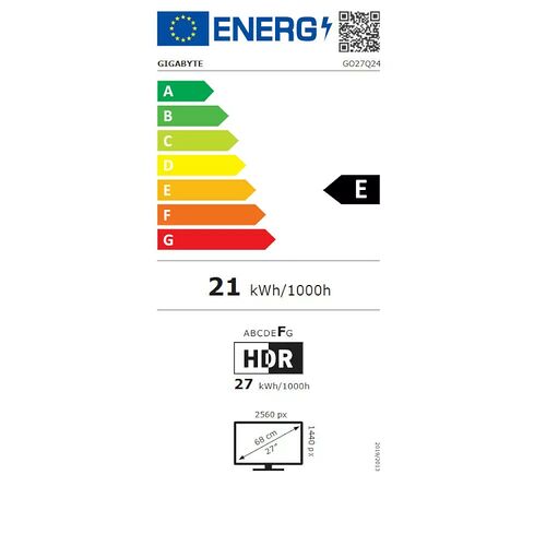 Étiquette d'efficacité énergétique pour un écran Gigabyte, classé en catégorie E avec une consommation de 21 kWh/1000h. L'écran possède une résolution de 2560 x 1440 px et une taille de 27 pouces.