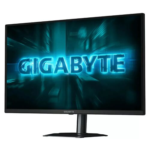 Écran de PC Gigabyte avec un fond d'écran bleu dynamique affichant le logo de la marque.